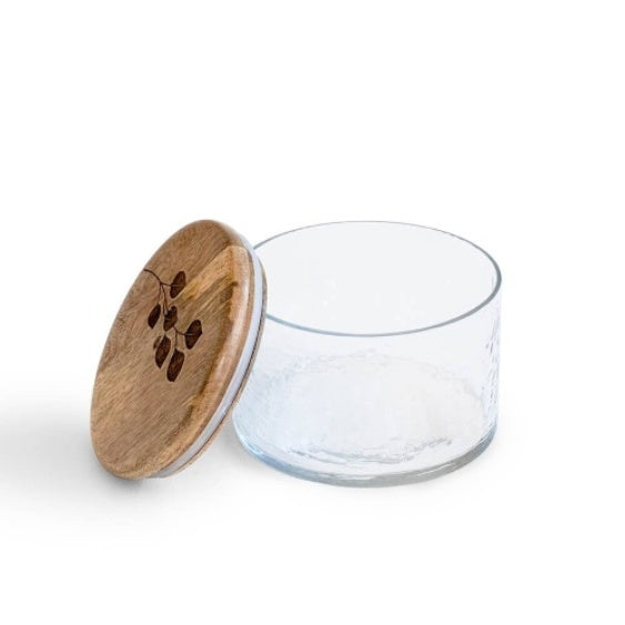 Leafy Twig Glass Jar Container With Wooden Lid-700 Ml