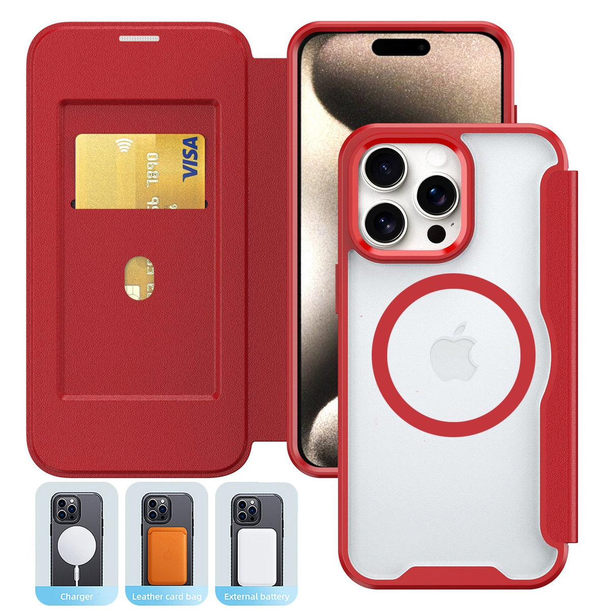 iPhone 16 Pro Compatible PU Leather Magnetic Flap Phone Case with Magsafe In Red For iPhone 16 Pro Max (FC37-IPH16MAXRD) - Ultra-Slim Protection by