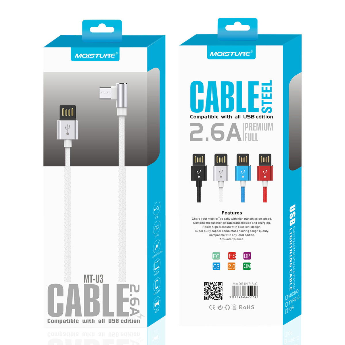 Moisture 2.6A Premium Full Steel USB To Micro Cable In Silver - Premium & Reliable