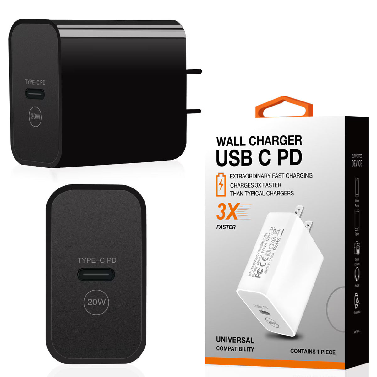 Adaptador de cargador de pared de viaje con suministro de energía de 20W con puerto tipo C en negro - Nítido y fiable