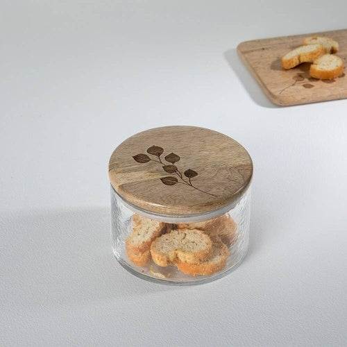 Leafy Twig Glass Jar Container With Wooden Lid-700 Ml