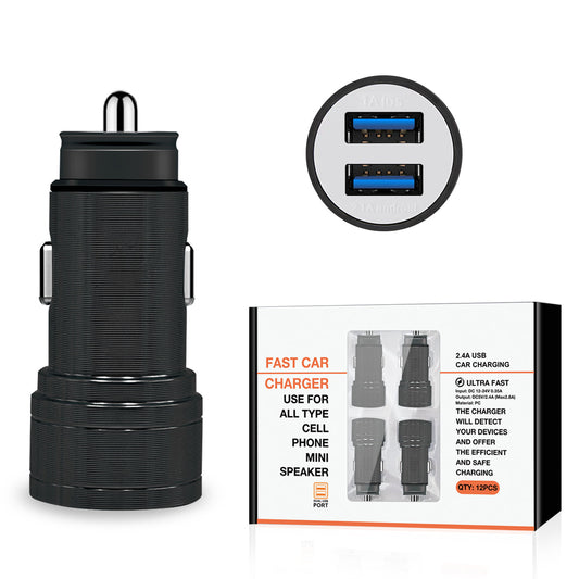 Dual Port USB Car Charger/ Adapter In Black (12pcs) - Ultra-Slim & Reliable