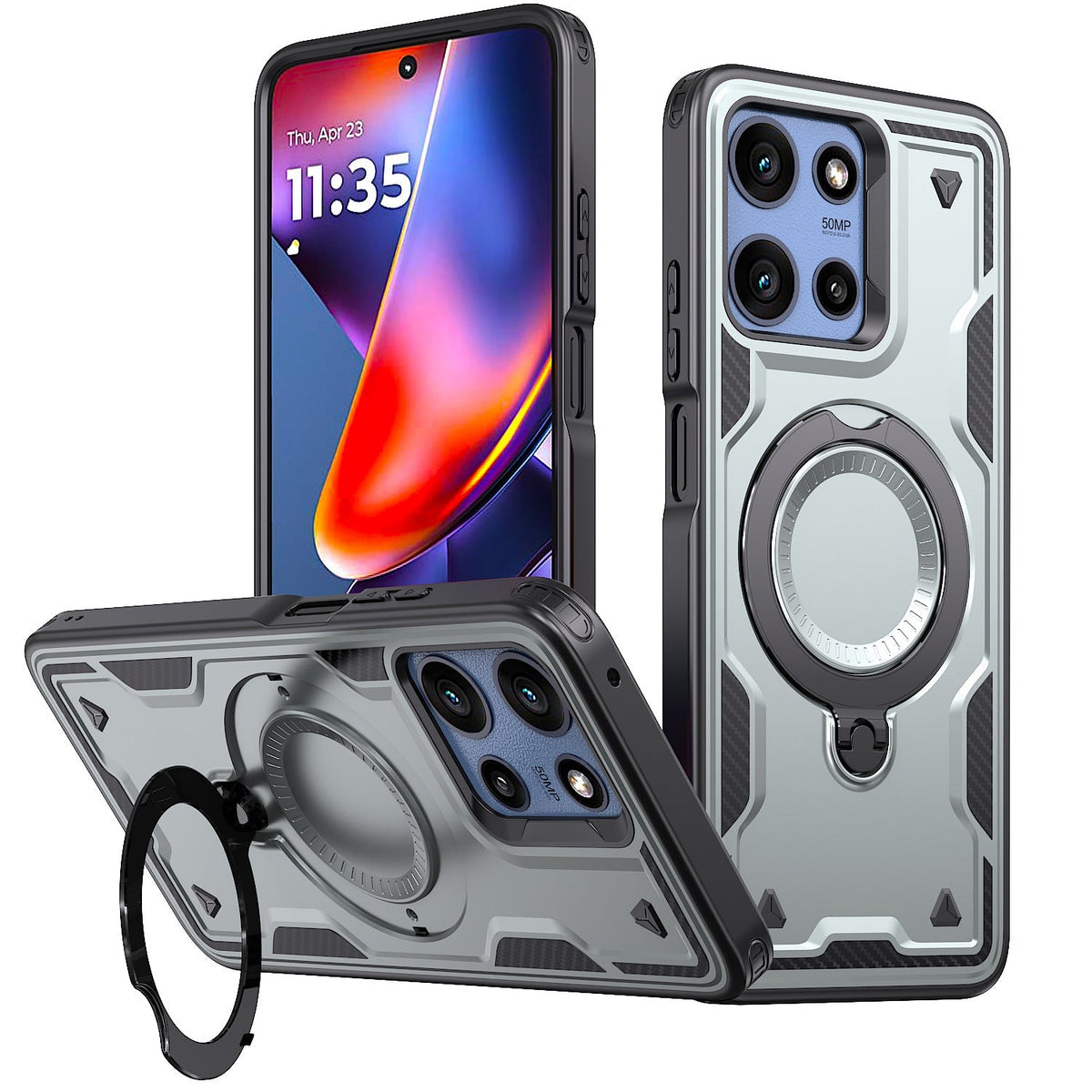 360°-draaibare Magnetiese Veelsydige Staander Grys Versoenbaar met Motorola Moto G POWER 5G 2025 (PC73-MOTGPOWER-5G(2025)GY) - Ultra-Slank & Betroubaar